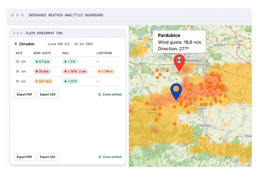 Claim Assessment Tool dashboard: verified wind, hail and lightning data for a claim location next to a hyperlocal severe-weather map with station observations.