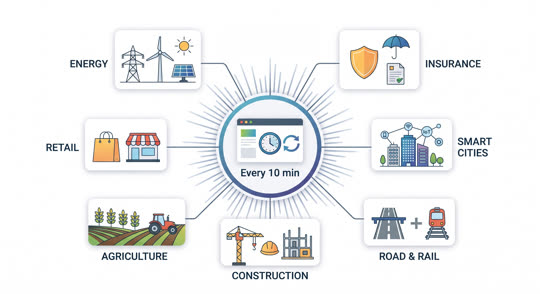 Forecasts refreshed every 10 minutes feeding applied models across industries: energy, insurance, retail, smart cities, agriculture, construction, road and rail.