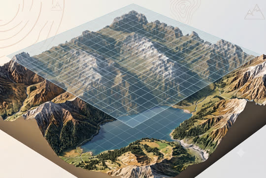 High-resolution forecast grid laid over mountainous terrain with a lake, illustrating how the regional model captures orography.