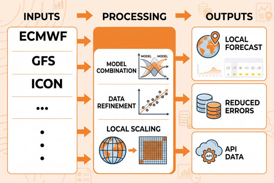 Forecast pipeline: numerical models such as ECMWF, GFS and ICON enter model combination, data refinement and local scaling, producing local forecasts, reduced errors and API data.